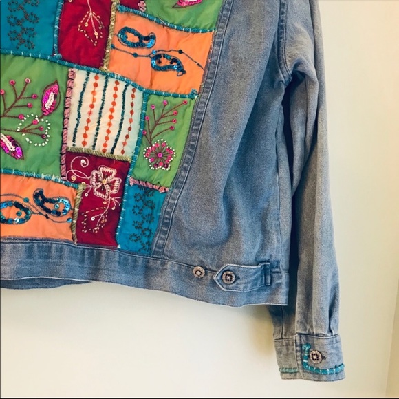 Vintage Ladies Patchwork Quilt Sequin Jean Jacket - Picture 7 of 8